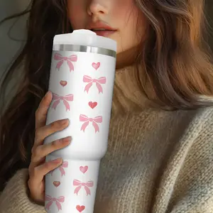 30 Ounce Insulated Stainless Steel Cup Tumbler with Lid and Straw, Cute Bow Heart Print Travel Mug, Perfect Gift for Friends and Family