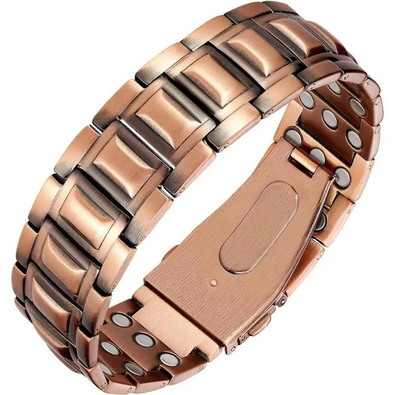 Men's Adjustable Size Copper Magnetic Bracelet - Chunky Vintage Heavy Links, Fold-Over Clasp, Everyday Chain Jewelry Bracelets & Bangles Gift for Dad Husband