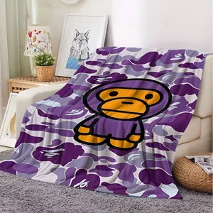 Bape Baby Milo Violet Camouflage Flannel Sofa Bed Blanket, Fashionable Street Elements and Cute Cartoon Cover Blanket, Flannel Throw Blanket, Soft Plush Silky & Thick, Soft Comfy Blanket, Indoor Outdoor Use, Fashion Decoration