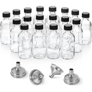 18 bottle, 2 oz small transparent glass bottle with lid and 4 stainless steel funnels -60ml Boston sample bottle - mini travel essential or decorative bottle, used for potions, juices, health, ginger juice, whiskey