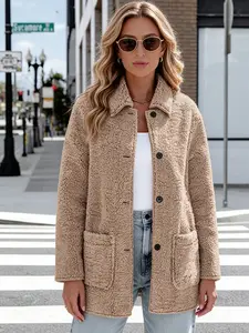 A women's light khaki lapel single-breasted loose faux shearling coat, made of soft and warm fabric, featuring a relaxed and casual fit. Perfect for everyday commuting, street outings, coffee dates, and other casual occasions in autumn and winter that bal
