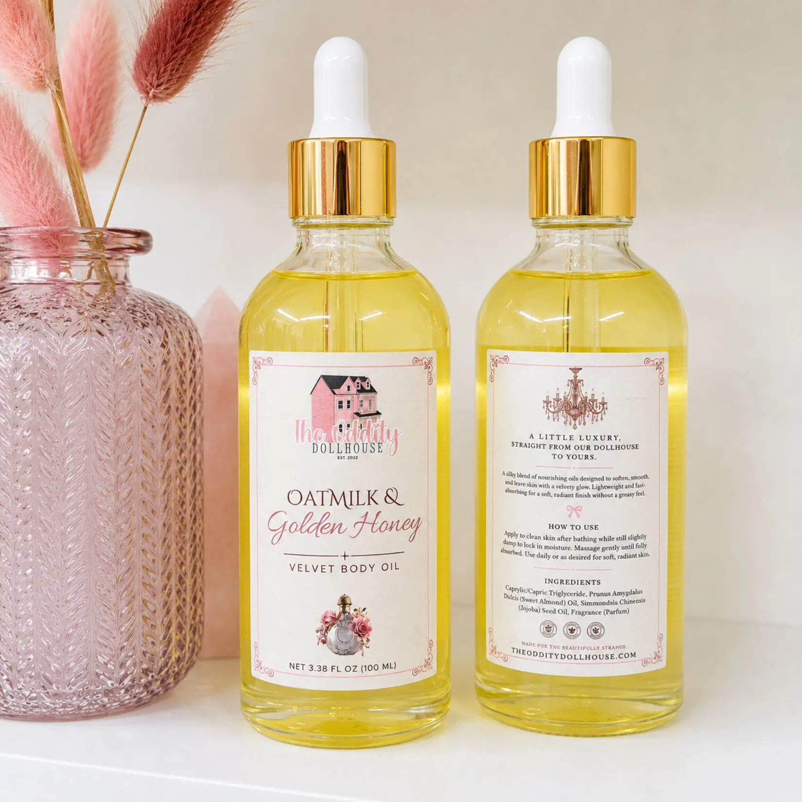 The Oddity Dollhouse Velvet Body Oil, Lightweight Body Oil, Fast Absorbing Moisturizer, Dry Body Oil, Vanilla, Peach, Strawberry, Coconut