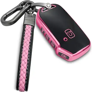New Upgrade Kia Key Fob Cover With Metal/Leather Keychain, TPU 5 Buttons Case, Compatible With NIRO Sorento Seltos Soul Telluride Cerato Ceed Forte Remote Smart, Car Accessories, Pink