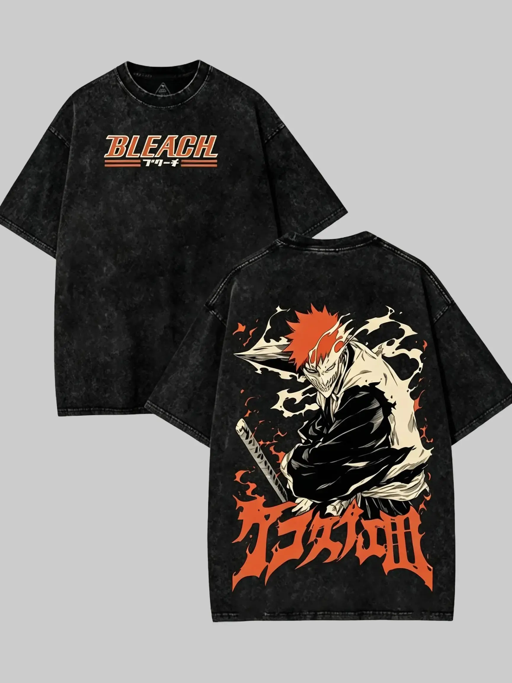 BLEACH Ichigo Hollow Vintage Washed T-Shirt Oversized Heavyweight Cotton Tee, Anime Graphic Streetwear Shirt, Soul Reaper Manga Y2K Harajuku Casual Summer Fashion for Men Women