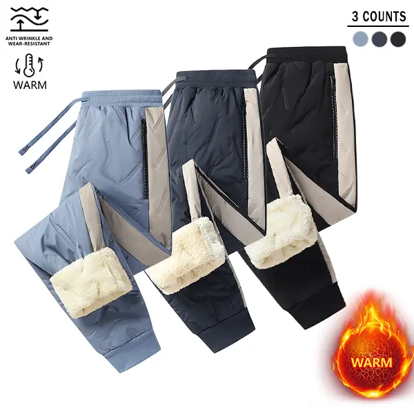 Men’s 3-Pack Color Block Thermal Fleece-Lined Polyester Blend Joggers - Mid Waist, Elastic Drawstring Waistband, Topstitching, Anti-Theft Zip Side Pockets, Windproof, Water-Resistant, Winter Warm-Retaining Fitted Cut Casual Street Pants