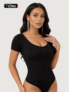 KatchMe Women's Minimalist U-Neck Seamless Long Sleeve Bodysuit, Solid Color Stretch Lifting Design Shapewear, Lightweight Bodycon Womenswear