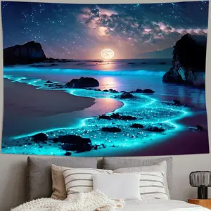 [Blue Sea Tapestry] Enchanting Blue Sea & Moon Tapestry - 37x28" Polyester Wall Hanging for Bedroom, Dorm Decor |       Includes Free Accessories, Romantic, Room Decor, Gifts for Yourself And Friends