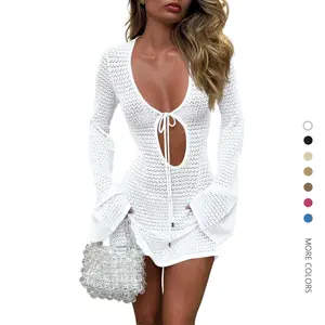 Danedvi Women's Crochet Mesh Knit Swim Cover Up Dress - Long Bell Sleeves, V-Neck, Tie Detail - Beachy Cover Ups for Summer Beach Vacations, Women's Clothes