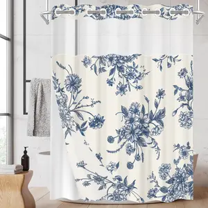 French Vintage Blue & White Toile De Jouy Floral Shower Curtain, 1 Pack No Hook Double Layer Design, Removable Snap-in Liner & See-Through Top Window, Waterproof Mildew Resistant, Machine Washable Durable Bathroom Partition Curtain 71"×74"