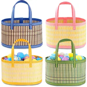 4 count Foldable Easter Woven  Baskets Empty, Oval Easter Basket Bulk Set with Handle, Large Easter Baskets for Easter Egg Hunt Party Favor Picnic Supplies  Packing -  Yellow Green Blue