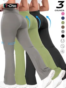 3pcs Women's Cross Waist Elastic Running Pants, Long Wide Leg Sportswear, Comfortable Fashion Design, 3 Pack Sports Trousers, Athleisure Style Pants, Fitness Trousers, Workout Pants