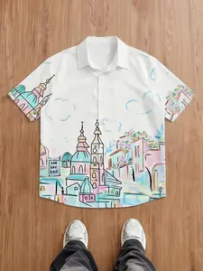 Men's Short Sleeve Shirt, Patchwork Plaid and Geometric Patterns, Casual Button Decor, Urban Style Top, Fashion Daily Wear