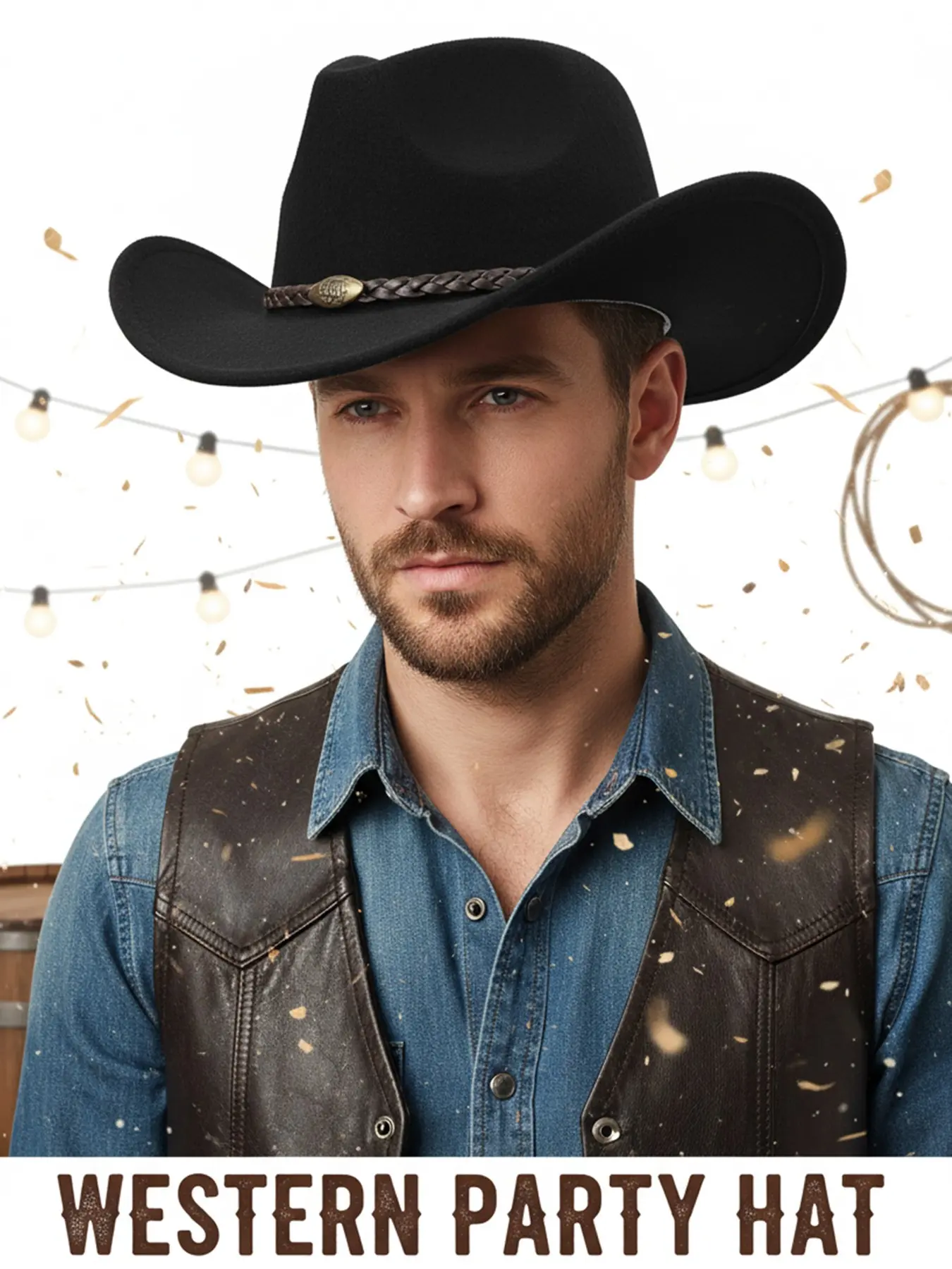 Western Cowboy Hat with Bull Metal Accent, Cowgirl Hats, Classic Style Wide Brim Sun Hat, Punk Fitted Hat for Men and Women, Perfect for Horseback Riding, Party