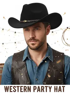 Western Cowboy Hat with Bull Metal Accent, Classic Style Wide Brim Sun Hat, Punk Fitted Hat for Men and Women, Perfect for Horseback Riding