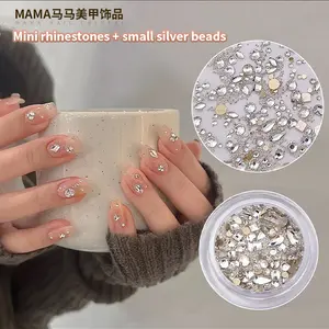 Mini Rhinestones + Small Silver Beads Mix Set, Sparkle Nail Charms for DIY Manicure & Nail Art
