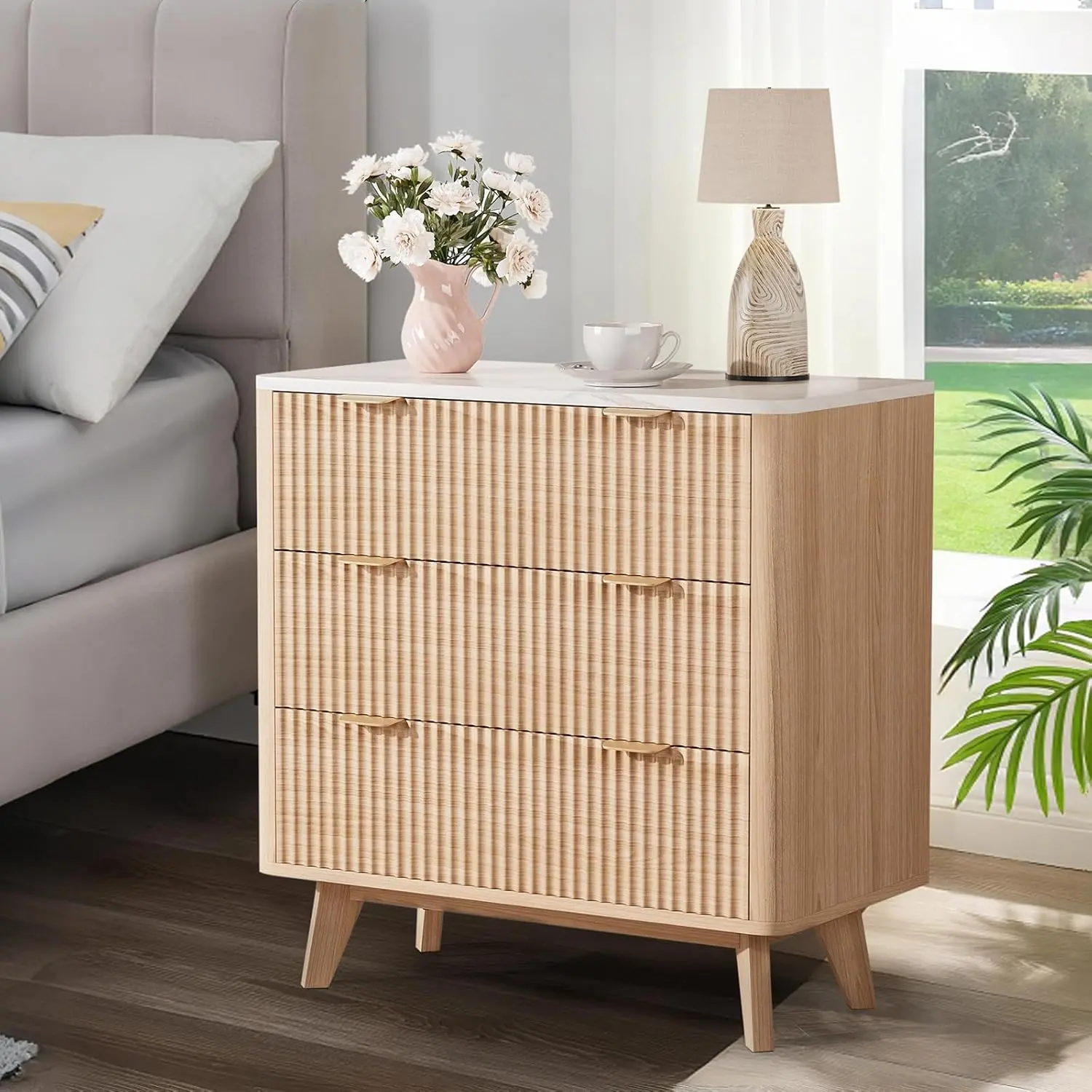 32 in Width Fluted Nightstand, Modern 3 Drawer Bedside Table with Gold Handle and Large Drawer, Wood Chest of Bedside Table with Curved Profile, End Table for Bedroom, Living Room, Hallway