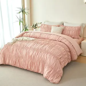Blush Comforter Set  Size 5- Boho Ruched Comforter with Sheet Set Soft Luxury  Pleated Textured Bed in a Bag  Season Farmhouse Ruffled Bedroom Set(Blush, )