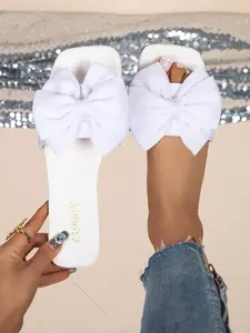 Women's Bow Knot Square Toe Sandals, Soft Fabric Upper, Fashionable Outdoor Summer Beach Shoes, Comfortable Rubber Sole, Casual Daily Wear, Footwear