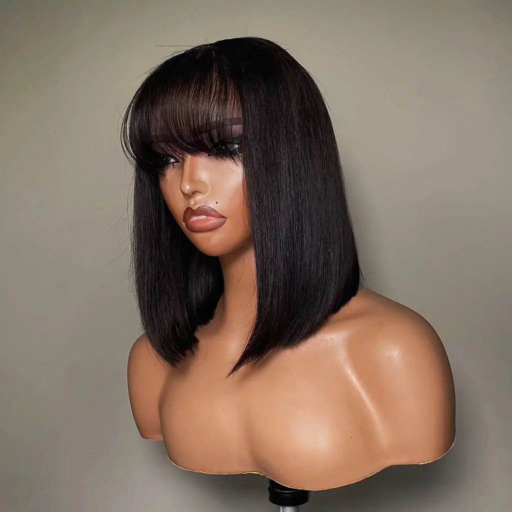Straight Blunt Cut Bob Wig With Bang Natural Black Human Hair Lace Wig 4X1 Middle Part HD Transparent Lace Ready To Go Glueless Natural Black Human Hair Fringe Wigs