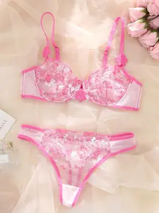 2-Piece Women's Embroidered Floral Pattern Sexy Underwire Bra & Sexy Low-Rise Thong Lingerie Set, Comfortable Fit Daily Wear, Perfect Gift Idea