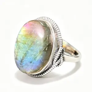 Adjustable 925 Sterling Silver Oval Labradorite Statement Ring (17.8×12.8mm)
