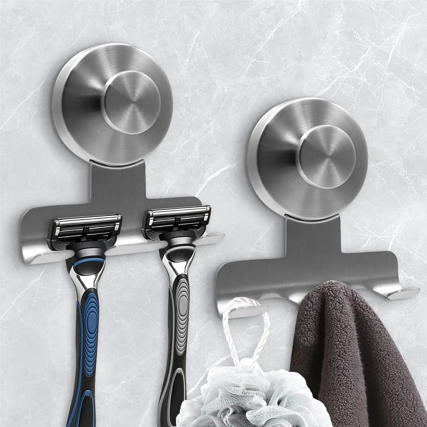 2-Pack Suction Cup Razor Holder for Shower – Heavy-Duty Metal Hooks for Razor, Towel & Loofah, Removable Damage-Free Bathroom Organizer, Brushed Silver