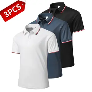 3-Pack Men's Summer Shirts - Breathable Fast Drying Fabrics, Business Casual Short Sleeves Contrasting Striped Neckline and Sleeves, Solid Color Fit Version Suitable for Office and Daily Wear, Warm Weather Dress, Fashion Trim