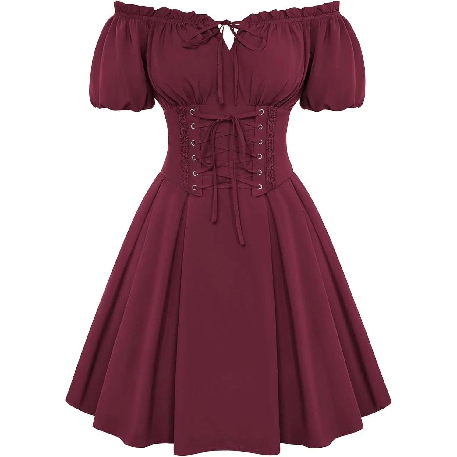 Women's Renaissance Lace Fabric Corset Dress - Off-Shoulder, Short Sleeve, Flowy A-Line, Pockets, Fit for Ren Faire, Dating, Halloween