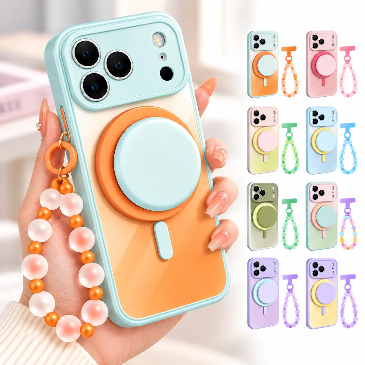 Cute Pastel Gradient Magnetic Case with Grip Stand & Beaded Wrist Strap for iPhone 18 Pro Max 17 Pro Max 16 15 14 Pro Max, MagSafe Compatible Macaron Color Block Shockproof Protective Phone Cover for Girls & Women