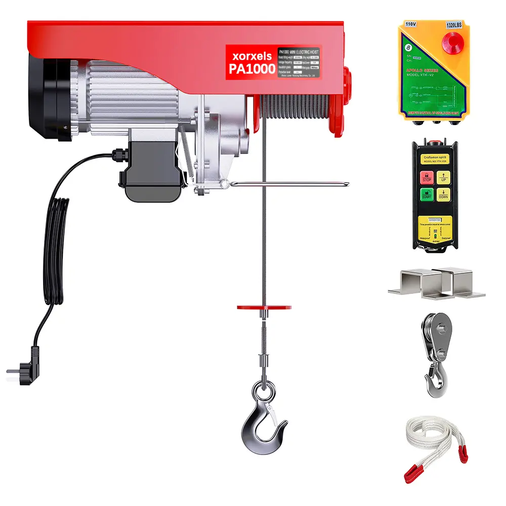 DSLM PA1000Y Compact Size Electric Hoist, 1100/2200lbs Capacity, 0.1s Quick-Response Switch, Precision Alloy Steel & Aviation Aluminum Build, Wireless-Wired Control, Mounting Brackets, Wire Rope, Portable Overhead Crane for Garage Industrial Use, Workshop