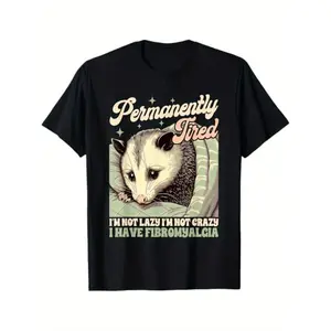 Fibromyalgia Awareness T-Shirt – Playful Opossum Design Supporting Chronic Fatigue, Soft Black Cotton Tee with Humorous Health Message