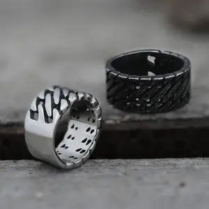 GTHIC Retro Locomotive Style Chain Stripes Stainless Steel Ring Band Ring for Men Daily Wear Biker Ring