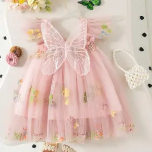 2025 New Girls Butterfly Dress for 1-5 Yrs Flying Sleeve Mesh Toddler Girls Summer Casual Embroidery Flowers Fairy Sweet Dress
