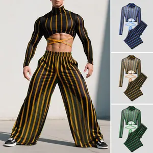 INCERUN Men's Striped Sheer Mesh High-Neck Crop Top + Pants Set, Deconstructed Design Edgy and Avant-Garde, Perfect for Daily Wear and Parties