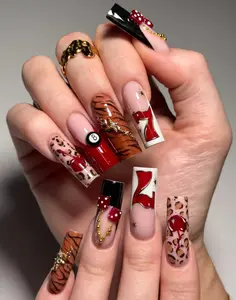 Bold Casino Glam Press On Nails, Red Black Dice Nails, Luxury Leopard Nail Art, Red Black Nails, Y2K Nails, Designer Inspired Coffin Nails