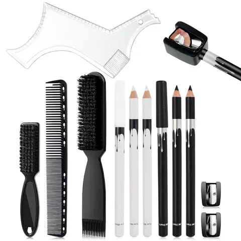 12Pcs Adult Beard Shaper Grooming Kit - White & Black Barber Pencils, Sharpener, Barber Chalk, Brush, Comb, Multi-Edge Haircare Tools for Beard Lineup, Hairline Design (White Pops on Skin, Birthday Gift)