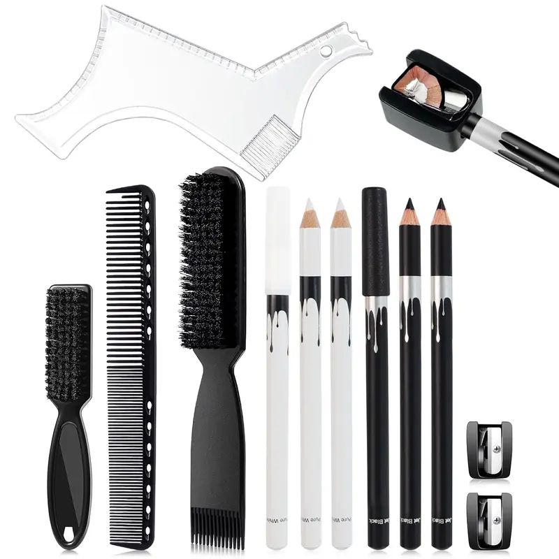 12Pcs Adult Beard Shaper Grooming Kit - White & Black Barber Pencils, Sharpener, Barber Chalk, Brush, Comb, Multi-Edge Haircare Tools for Beard Lineup, Hairline Design (White Pops on Skin, Birthday Gift)