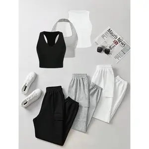 Women’s solid-color crop top and high-waisted pants set, casual sleeveless top and pants suitable for everyday wear, four-season women’s set GARMENTARY