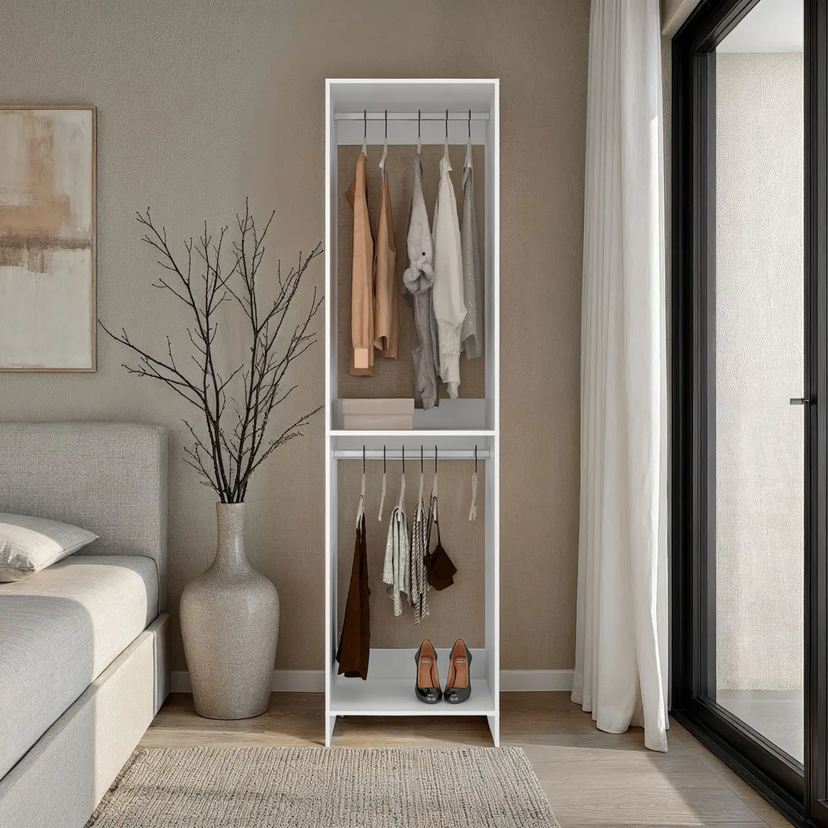 White Dover Compact Footprint Wardrobe - FSC Certified, Space-Saving Indoor Furniture, Durable Particle Board Storage Closet with Double Hang System, 2 Shelves, 84.1" h x 22.0" w x 19.0" d, 68.78 lbs, Easy Care, Single Box, Assembly Required, Dual Hanging