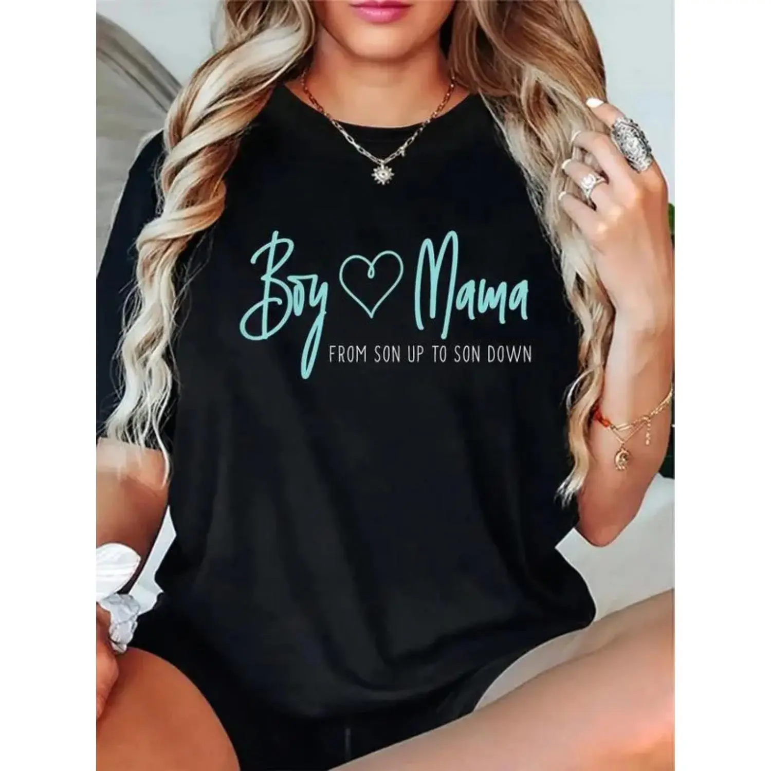 Women's Boy Mama Graphic Short Sleeve T-Shirt - 100% Cotton, Classic, Lightweight Fitted Cut, Machine Washable, 'Son Up to Son Down' Mum Love Theme, Casual Everyday Top