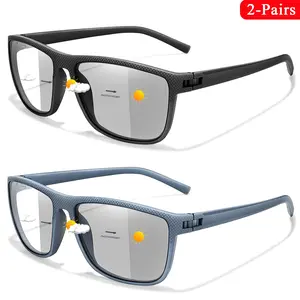 2 Pack Photochromic Fashion Reading Glasses, Unisex Square Frame, Classic Blue Light Blocking Lenses, PC Material, Fda Registered, High Quality Eyewear