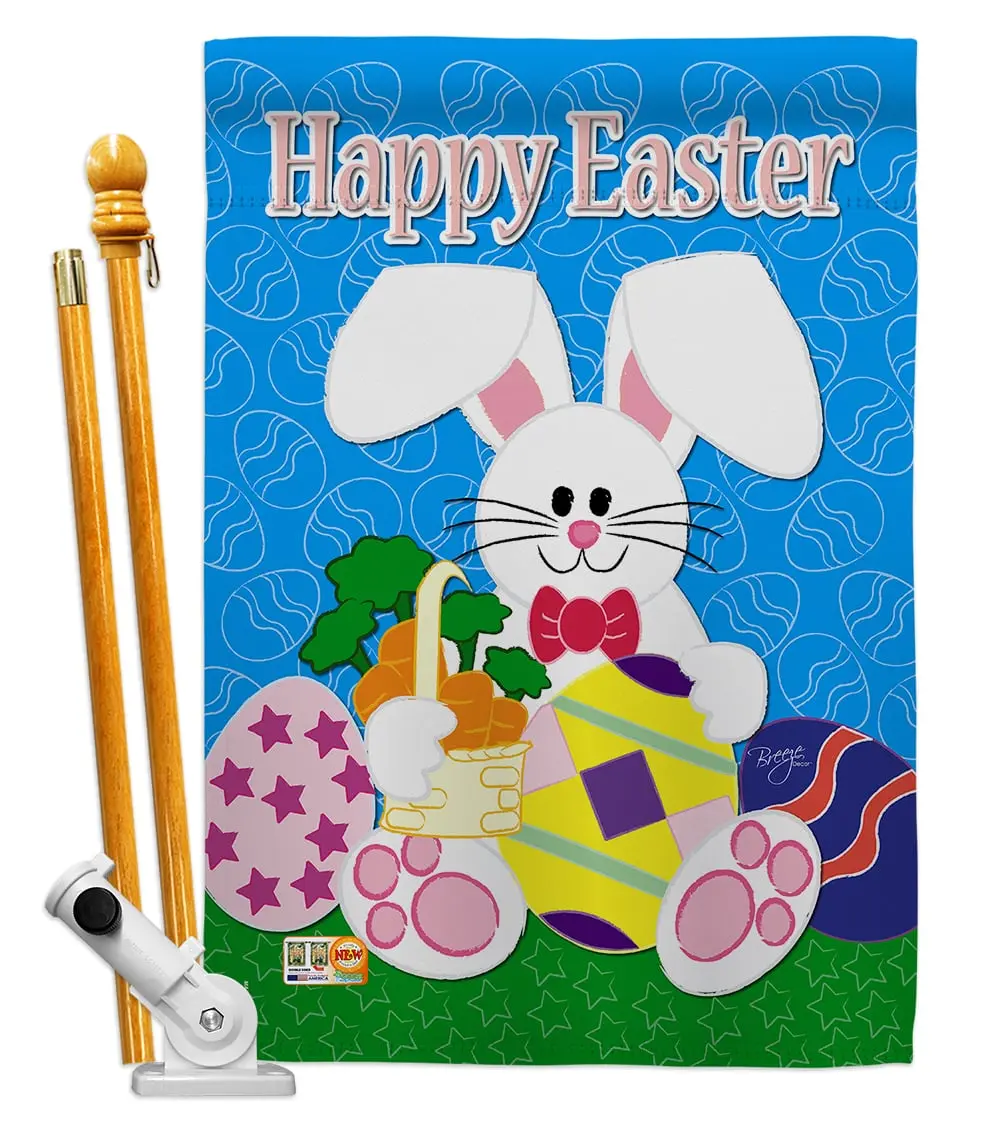 Breeze Decor Happy Bunny Spring Easter Holiday Double-Sided Hanging Wall Flag Set - 28x40in Vertical Outdoor Decor, 57in Adjustable Pole Bracket, Hardware, Weatherproof Lightweight Eco-Friendly Inks, Super Soft Fabric, BD-EA-HS-103029-IP-BO-D-US98-BD, 57