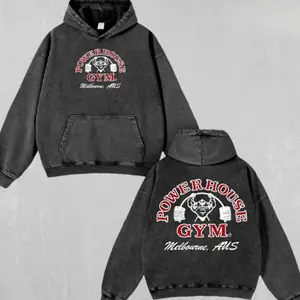 Powerhouse Gym Washed Hoodie & T-Shirt | Heavyweight Vintage Streetwear, Retro Bodybuilding Graphic Tee, Pump Cover Gym Hoodie Gift for Fitness & Hiphop Fans Menswear Thick Tops