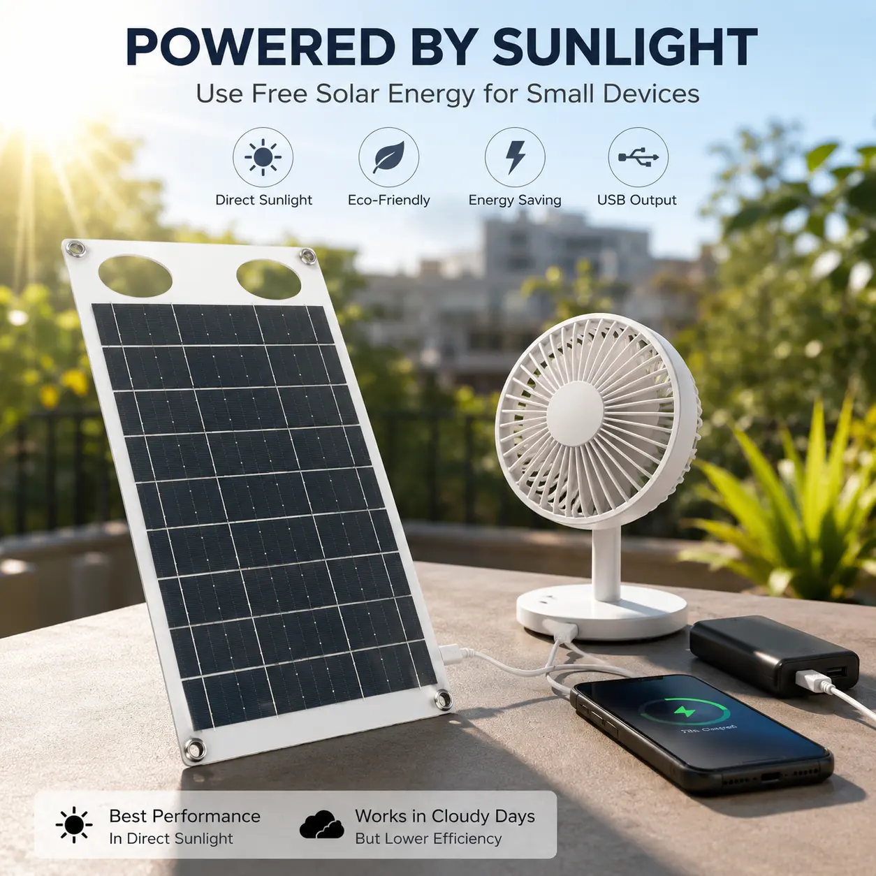 Portable solar charging board with USB output and suction cups, 6.3×13 inches compact solar charging kit, suitable for phones, power banks, small fans, camping, RVs/motorhomes, balconies, and emergency backup