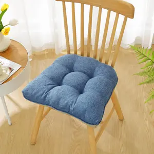 Cotton Linen Soft Comfort Chair Cushion 18"x17"x2" Tufted Chair Pads with Ties Non-Slip Seat Cushions for Indoor Dining Room Kitchen and Office Chairs (Blue,18"x17")