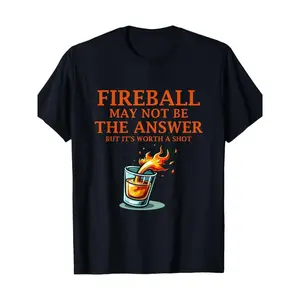 Menswear Men's Short-Sleeve Round Neck "Fireball May Not Be The Answer" Graphic Cotton T-Shirt - Casual Streetwear Top, Breathable, Machine Washable, Black with Orange Flame Design, Suitable for Multiple Seasons