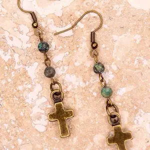 Phoebe Earring In African Turquoise with Cross Charm and Beaded Design
