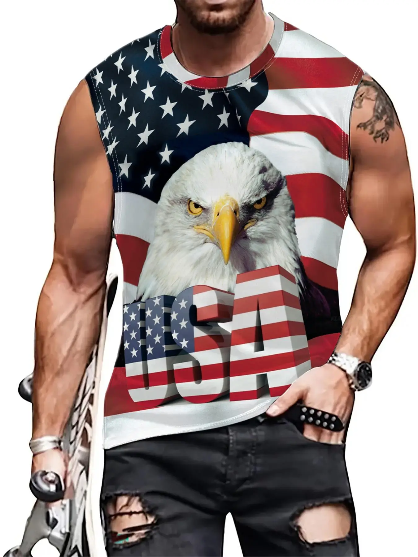 Men's American Flag Eagle Print Round Neck Tank Top, Regular Fit Casual Comfy Sleeveless Crew Neck Top for Summer, Fashion Men's Top for Daily Wear