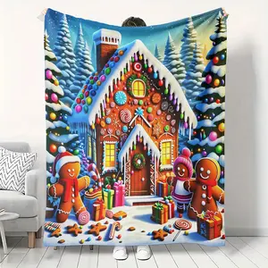Christmas Gingerbread House Design Flannel Blanket, Warm and Comfortable, 280gsm Polyester Fabric, Ideal for All Seasons