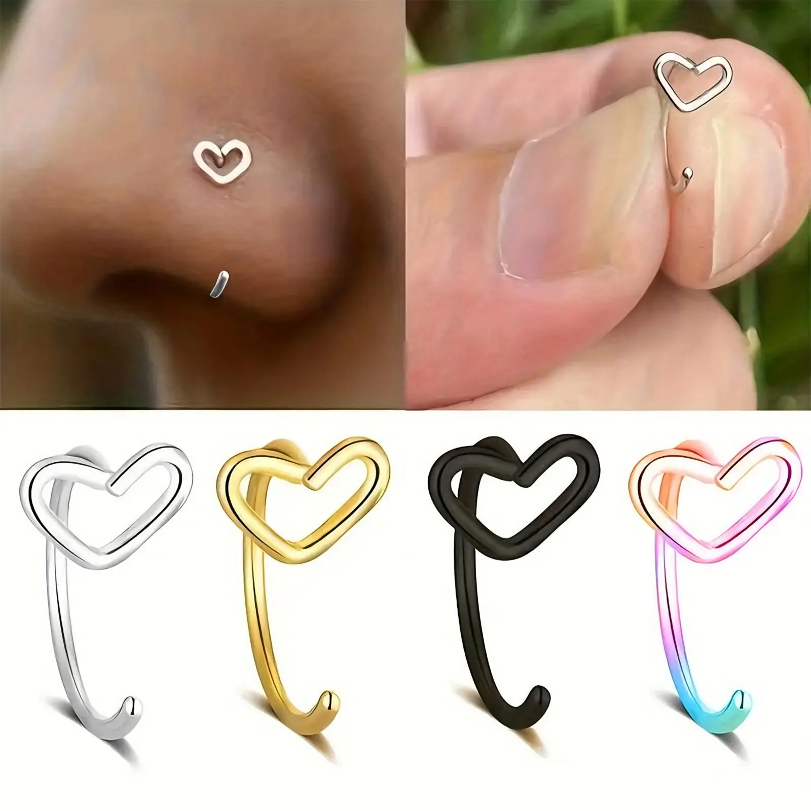 Trendytry Heart Nose Rings for Women - 4PCS Set in Black Silver & Gold Colors Unique Heart Design Piercing Jewelry Stackable Earrings Body Jewellery Elegant